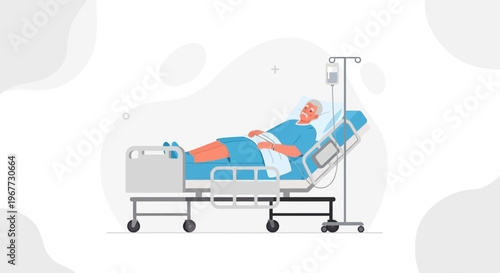 Elderly Man Patient Lying in Hospital Bed with IV Drip