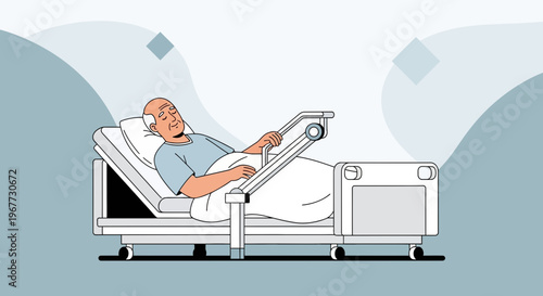 Elderly Man Resting in Adjustable Hospital Bed with Medical Equipment
