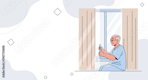 Elderly Man Sitting by Window, Holding Bottle, Medical Care Concept