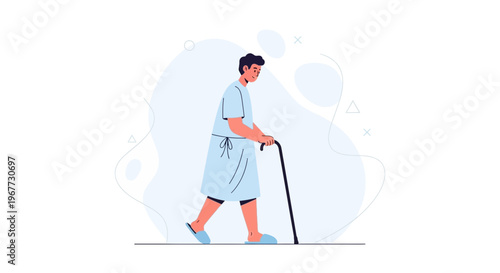 Elderly Man Walking with Cane, Medical Gown, Recovery, Healthcare Concept
