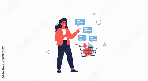 Woman with Shopping Cart and Chat Bubbles - Online Shopping Concept