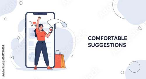 Woman celebrating online shopping success with smartphone and shopping bag