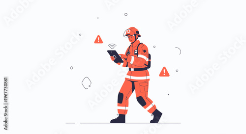 Firefighter using tablet with warning signs, technology in emergency services