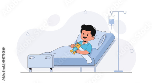 Happy Boy in Hospital Bed with Teddy Bear and IV Drip