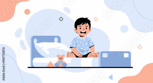 Happy baby boy sitting on a bed with teddy bear, playful illustration