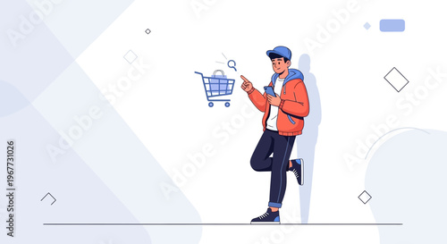 Young man with smartphone points to shopping cart with search icon, online shopping concept