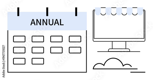 Time management, productivity, business planning, digital tools, organization, scheduling. Annual calendar next to a desktop computer. Time management and productivity concept