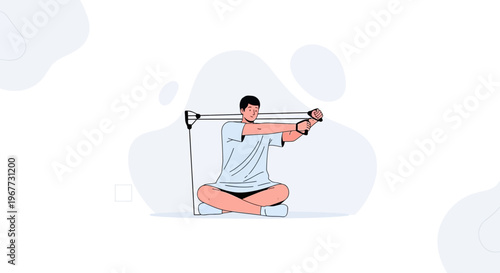 Man doing exercise with resistance band, sitting cross-legged, fitness concept