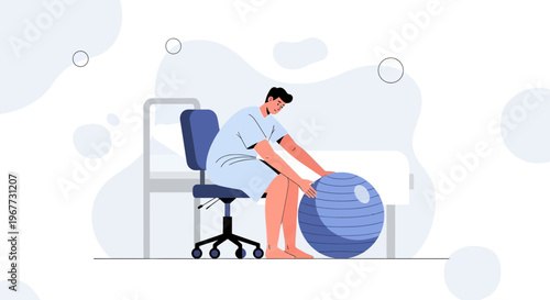 Man Doing Physical Therapy with Exercise Ball in a Clinic Setting