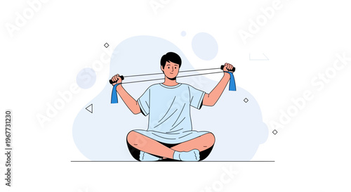 Man doing resistance band exercise, seated, healthy lifestyle, fitness