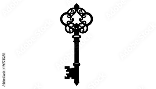 Ornate antique key, black silhouette on white background, vintage look