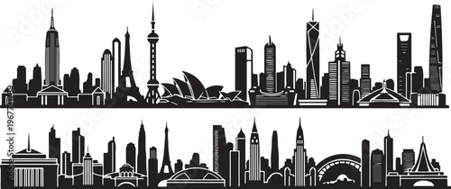 City skylines of the world in black and white
