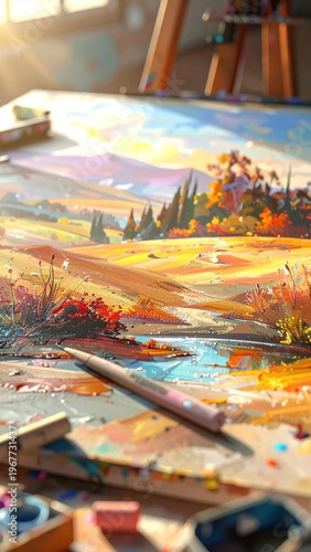 Wallpaper Mural Vibrant Oil Painting of a Serene Autumn Landscape with Artistic Tools. Torontodigital.ca