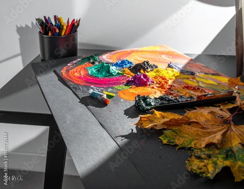 Wallpaper Mural Vibrant Paint Palette and Autumn Leaves Bathed in Sunlight on a Grayscale Table. Torontodigital.ca