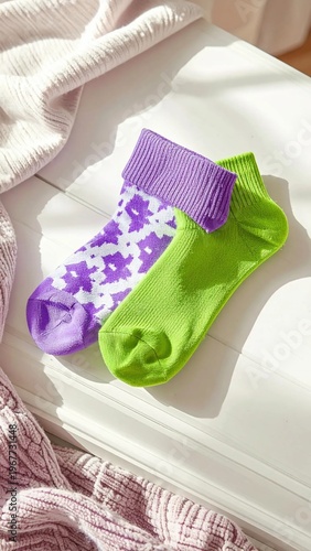 Wallpaper Mural Vibrant Pair of Ankle Socks - One Floral Purple, One Solid Green, on a White Surface with Soft Lighting. Torontodigital.ca
