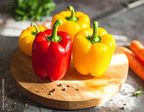 Wallpaper Mural Vibrant Red and Yellow Bell Peppers on a Wooden Cutting Board. Torontodigital.ca