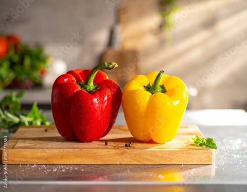 Wallpaper Mural Vibrant Red and Yellow Bell Peppers on a Wooden Cutting Board in a Bright Kitchen Setting. Torontodigital.ca
