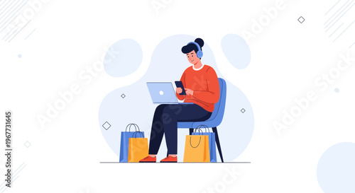 Young Person Shopping Online with Laptop and Phone, Wearing Headphones