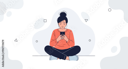Young Woman Sitting Cross-legged with Smartphone and Earphones, Relaxed and Connected