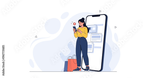 Woman using smartphone near giant phone screen and shopping bags, online shopping concept