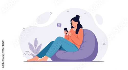 Young woman relaxing on bean bag chair, using smartphone, modern illustration