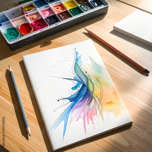 Wallpaper Mural Vibrant Watercolor Splash Art on Sketchbook with Art Supplies. Torontodigital.ca