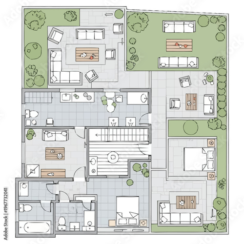 Modern Architectural House Plan with Outdoor Living Spaces and Detailed Interior Layout for Residential Design Projects and Property Development