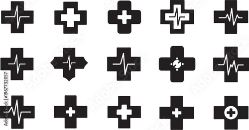 Medical Cross Symbols and Heartbeat Icons in Black White