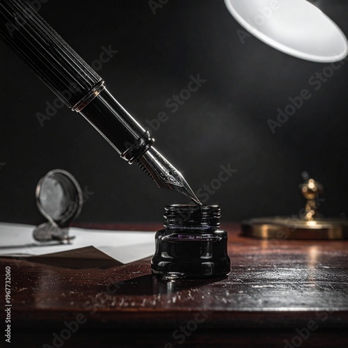 Wallpaper Mural Vintage Quill Pen and Inkwell on a Wooden Desk Under a Lamp. Torontodigital.ca