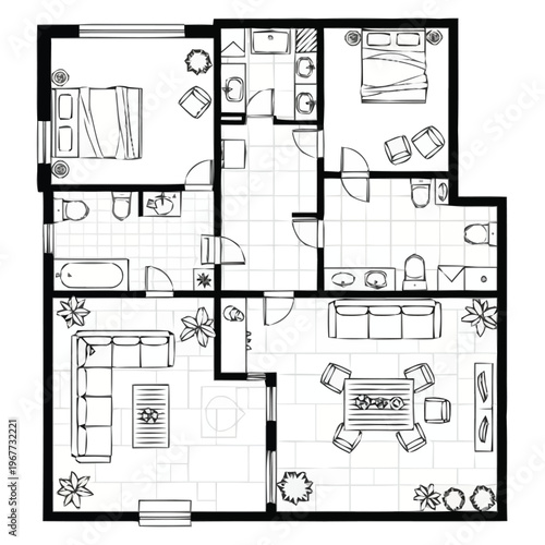 Detailed Home Floor Plan Visualisation With Furniture Layout Showing Interior Design Ideas For Modern Living Spaces And Room Arrangement furniture