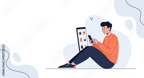 Man Using Smartphone and Laptop for Online Shopping, Digital Lifestyle