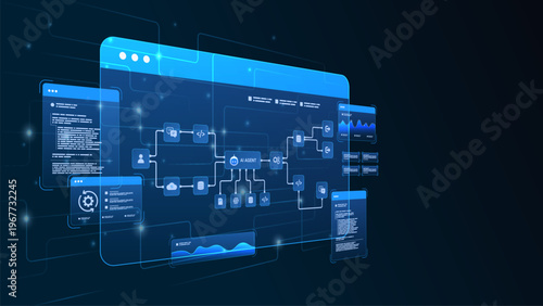 AI workflow automation artificial intelligence. ai agent network diagram dashboard machine learning architecture data pipelines, coding panels, analytics panels and automation system.