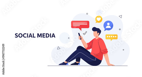 Social Media Concept: Man Using Smartphone with Chat Bubbles and Icons
