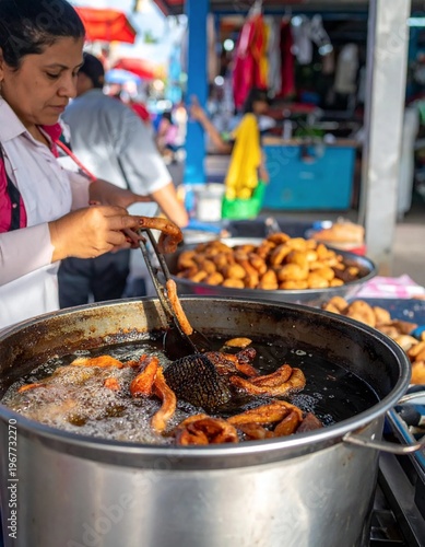 Wallpaper Mural Woman Frying Plantains at a Vibrant Outdoor Market. Torontodigital.ca