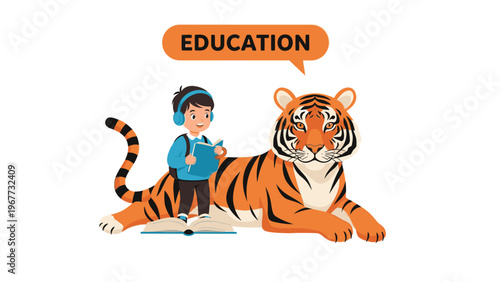 Illustration of a cartoon boy with headphones sitting next to a tiger, with an orange speech bubble saying EDUCATION on a white background.