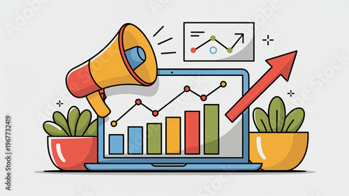 Colorful Digital Marketing Illustration with Chart and Megaphone