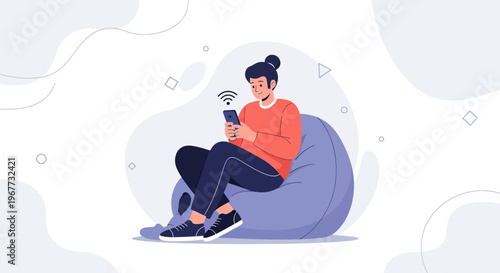 Young man sitting on beanbag chair using smartphone with wifi signal
