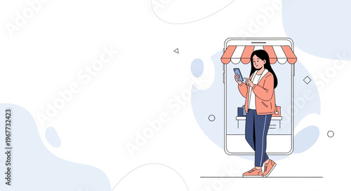 Woman Shopping Online via Smartphone, E-commerce Storefront on Mobile Screen