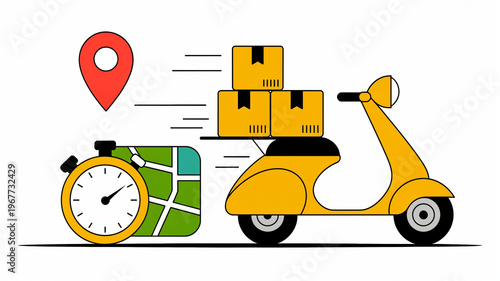 Delivery scooter with packages and location pin on a map