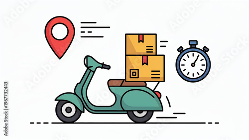 Delivery scooter with packages, timer, and location pin illustration