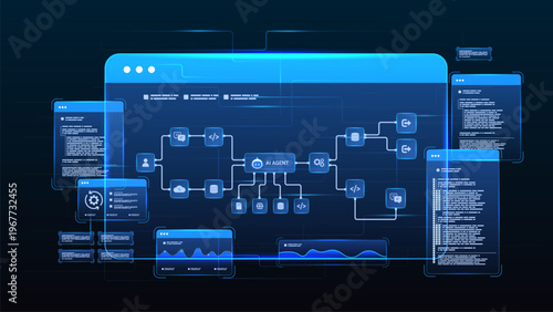 AI workflow automation artificial intelligence. ai agent network diagram dashboard machine learning architecture data pipelines, coding panels, analytics panels and automation system flow.