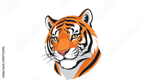 Illustration of a tiger's head with orange, black, and white stripes on a white background.