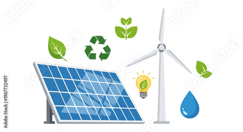 Solar panel and wind turbine renewable.