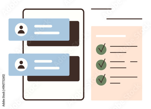 Project planning, task tracking, communication tools, team collaboration, productivity, online workflows. Image features chat interface and checklist. Project planning and task tracking concept