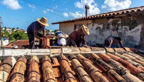 Wallpaper Mural Workers repair a traditional tiled roof under a bright blue sky, showcasing manual labor and craftsmanship. Torontodigital.ca