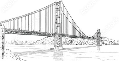 Detailed black and white line art vector illustration of the Golden Gate Bridge crossing San Francisco Bay.
