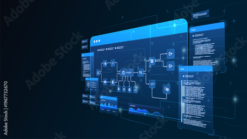 AI workflow automation artificial intelligence. ai agent network diagram dashboard machine learning architecture data pipelines, coding panels, analytics panels and automation system flow.