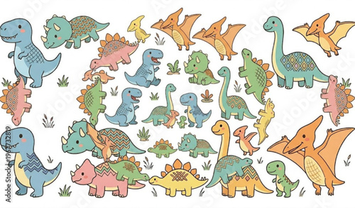 Cartoon dinosaur sticker collection with cute colorful dino characters in playful poses vector set