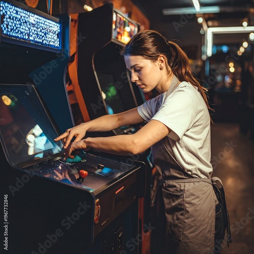 Wallpaper Mural Young woman engrossed in playing a classic arcade game in a dimly lit entertainment venue. Torontodigital.ca