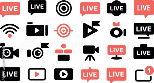 Streaming icon collection with live broadcast, video playback, recording and wireless signal symbols for digital content creation illustration